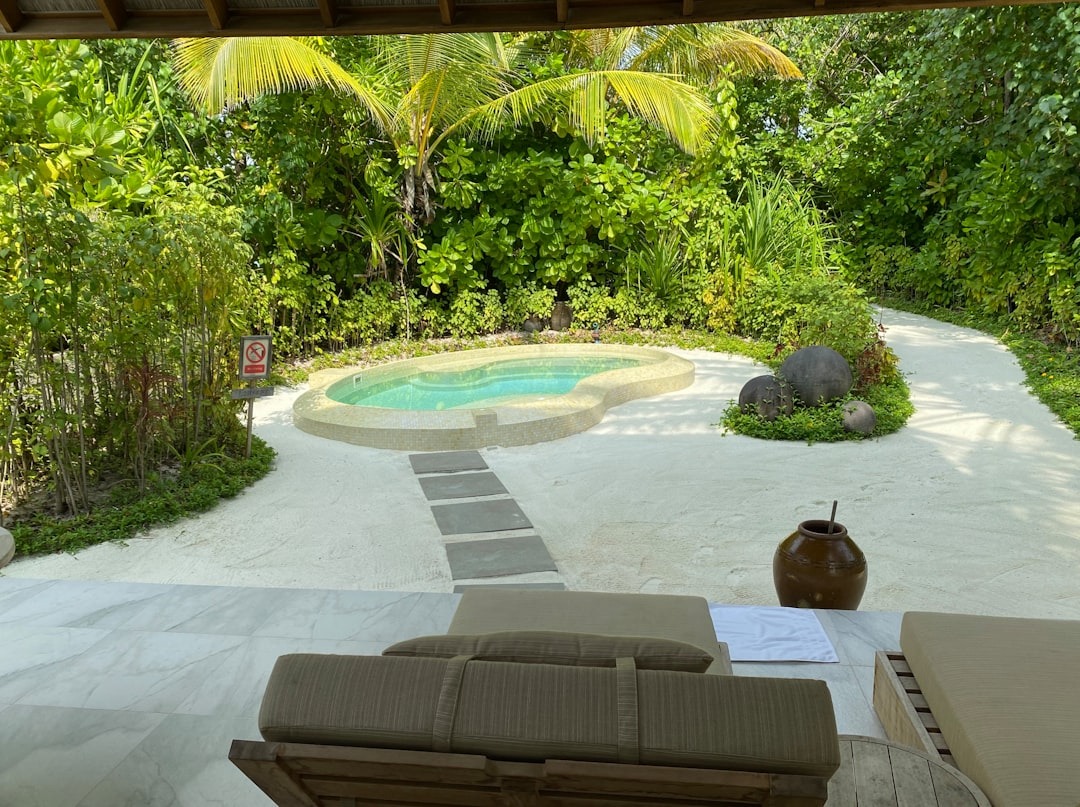 Kidney-shaped hot tub on a tropical private patio.